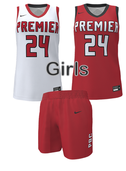 Girls Uniform Set includes red and white jerseys and red shorts.